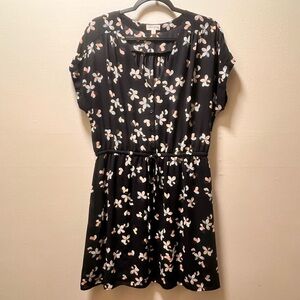 Maison Jules Chic Floral Drawstring Waist Dress, Sz XL, Black With Pattern